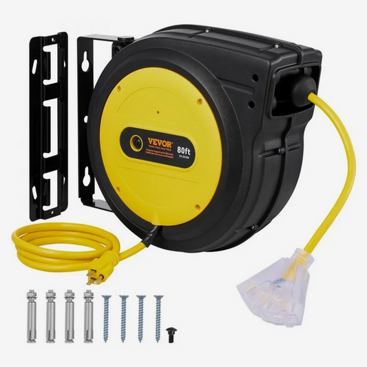 Carrete de cable de extensión retráctil VEVOR, 80 pies, 12 AWG/3C, SJTOW