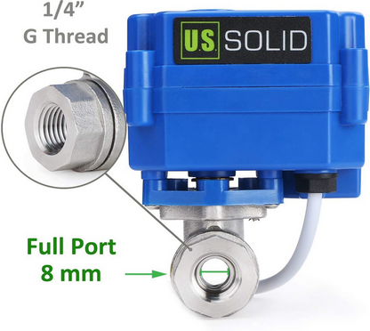 EE.UU. Válvula de bola motorizada sólida de 1/4 pulgadas, válvula de bola eléctrica de acero inoxidable de 110 V CA, configuración de retorno automático de 2 cables, normalmente cerrada