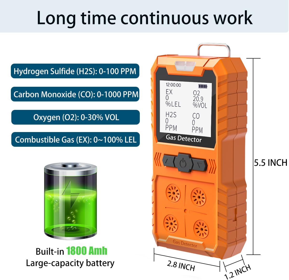 Detector de 4 gases, 4 monitores de gas portátil Detector de gas múltiple H2S, O2, CO y EX Pantalla LCD recargable Monitor H2s, sensor de calidad, medidor de gas de 13.1 ft (negro)