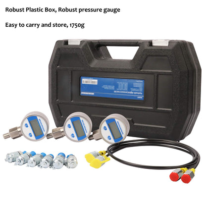 Measureman Kit de prueba de presión digital hidráulica portátil para excavadora, incluye 6 acoplamientos de prueba, 3 manómetros digitales (3500/6000/9000 PSI), 2 mangueras de prueba, embaladas en una