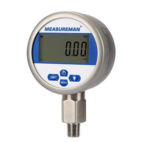 MEASUREMAN Esfera de 3-1/8 pulgadas, medidor de presión digital hidráulico de precisión industrial con montaje inferior NPT de 1/4 pulgadas, carcasa y conexión de acero inoxidable, 0-3000 psi/bar, 0.4%, funciona con pilas, con luz LED