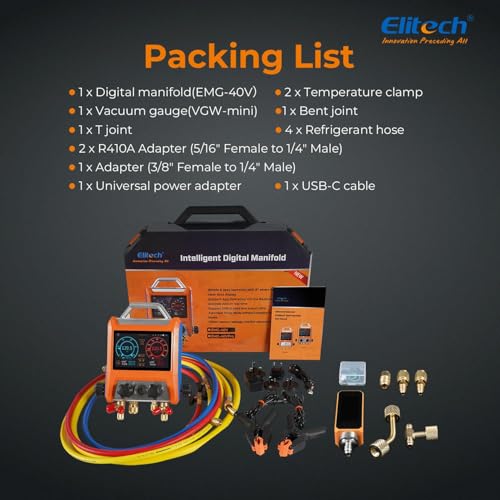 Elitech EMG-40Vpro Manómetro Digital Inteligente de Colector para HVAC con Medidor de Micrones de Vacío + 2 Piezas de Abrazadera de Temperatura Inalámbrica IPT-01 Número de pieza EMG-40Vpro-IPT-01