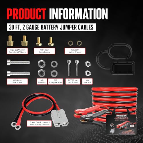 K KRIËGER Cables de Puente 100% Cobre Puro, 30 pies, 2 Calibre, 1000 amperios con Kit de instalación Permanente y enchufes de conexión rápida, Bolsa de Transporte incluida B0BTZ5HNLK