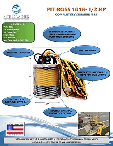 Pit Boss 101R, 1/2 HP, bomba de deshidratación sumergible eléctrica y bomba de basura con cuerda de tracción anudada