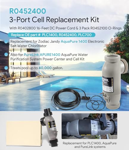 R0452400 PLC1400 Kit de celdas de sal de 3 puertos de repuesto para Zodiac Jandy AquaPure 1400 PureLink APURE1400 Sistema de purificación de agua con cable de alimentación CC de 16 pies R0402800 y 3