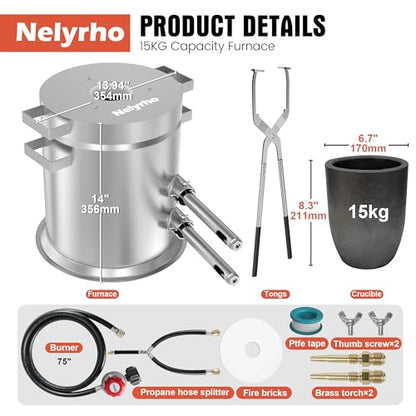 Nelyrho Kit de Horno de Fusión de Propano #NY-015 15KG para Fundición de Metal – Horno de Fundición de Alta Temperatura de 135,000 BTU con Crisol y Pinzas, Calentamiento Rápido para Oro, Plata, Cobre