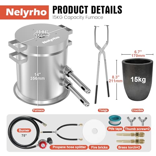 Nelyrho Kit de Horno de Fusión de Propano #NY-015 15KG para Fundición de Metal – Horno de Fundición de Alta Temperatura de 135,000 BTU con Crisol y Pinzas, Calentamiento Rápido para Oro, Plata, Cobre