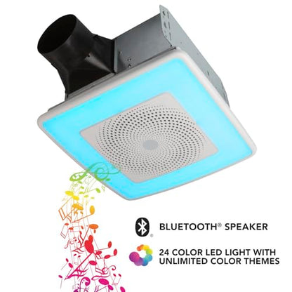Broan-NuTone ChromaComfort SPK110RGBL - Extractor de baño con altavoz Bluetooth, potente 110CFM/1.5 Sones, luz LED de 24 colores, SPK110RGBL, interruptor de pared