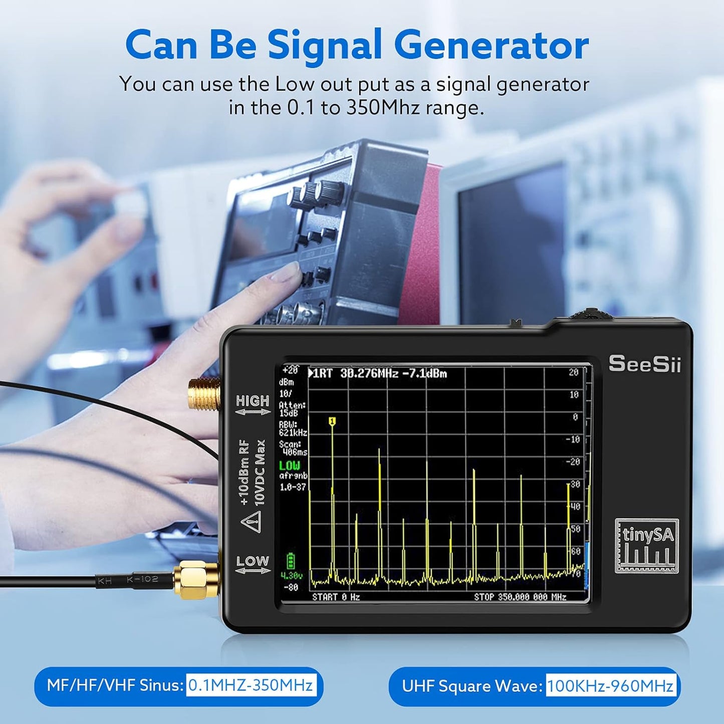 Analizador portátil de espectro TinySA, SEESII actualizado V0.3.1, analizador de frecuencia minúscula de 100 kHz a 960 MHz MF/HF/VHF UHF, generador de señal con visualización táctil de 2.8 pulgadas