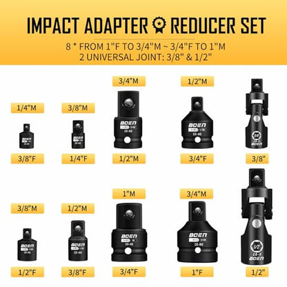 BOEN Juego de adaptador y reductor de llaves de impacto de 10 piezas, SAE estándar de 1/4 pulgadas 3/8 pulgadas 1/2 pulgadas 3/4 pulgadas, kit de conversión de llave y destornillador de acero CR-MO