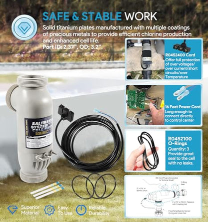 R0452400 PLC1400 Kit de celdas de sal de 3 puertos de repuesto para Zodiac Jandy AquaPure 1400 PureLink APURE1400 Sistema de purificación de agua con cable de alimentación CC de 16 pies R0402800 y 3