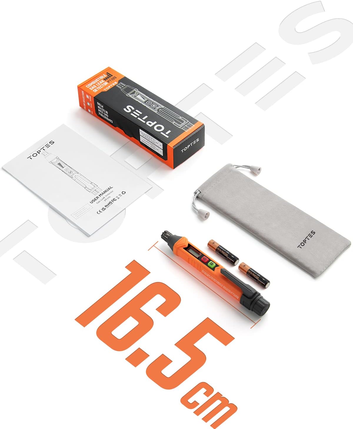 PT199 Detector de fugas de gas natural con alarma audible y visual, sniffer de gas portátil para localizar fuentes combustibles como metano, propano para el hogar (incluye batería x2), naranja