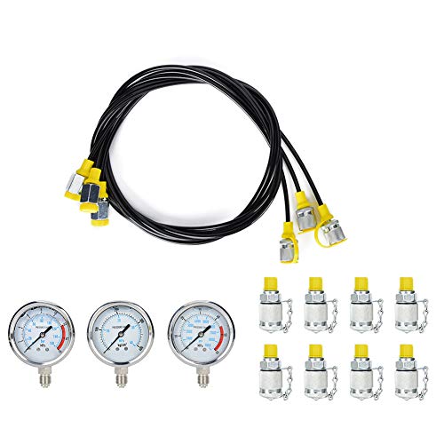 Kit de prueba de presión hidráulica que incluye 3 medidores de presión, 8 conectores y 3 mangueras, herramienta de prueba de presión de equipos hidráulicos para aceite