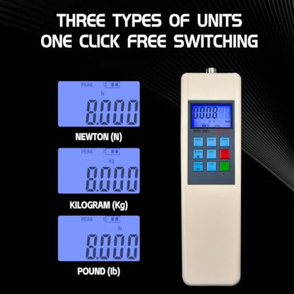 Medidor de fuerza digital de 20KN/4,409.2 lbs/4500LB Dinamómetro de medidor de empuje y tracción con sensor de célula de carga externa, modo pico/pista, salida USB