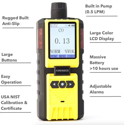 Analizador de gases de escape Monóxido de carbono por detectores forenses | Motocicleta, carretilla elevadora, automoción, motor pequeño | Calibración y certificado NIST de EE. UU. | Sonda, trampa de