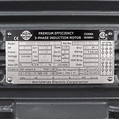 Motor eléctrico de 3 fases 5 HP C-Face 3600 RPM 184TC TEFC 230/460 voltios de servicio severo