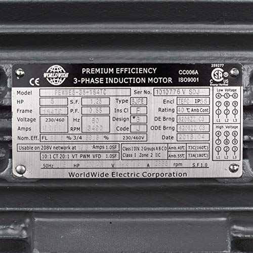 Motor eléctrico de 3 fases 5 HP C-Face 3600 RPM 184TC TEFC 230/460 voltios de servicio severo