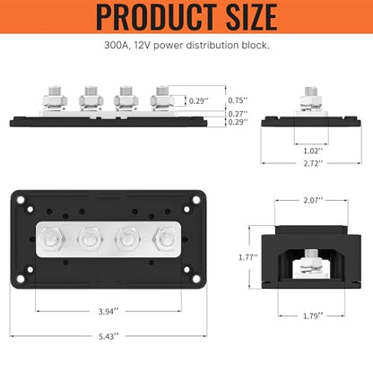 Joinfworld Barra de bus de 300 A, bloque de distribución de energía impermeable de 12 V CC con 4 pernos de 3/8 pulgadas, bloque de terminales de barra de autobús de batería marina resistente, 12
