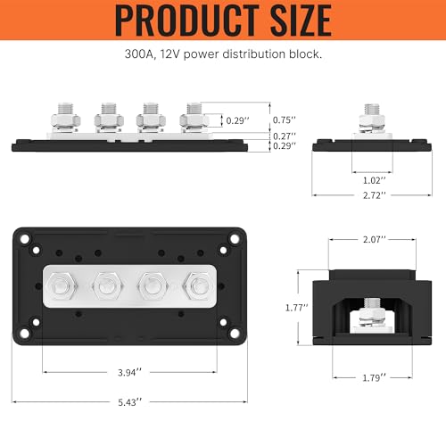 Joinfworld Barra de bus de 300 A, bloque de distribución de energía impermeable de 12 V CC con 4 pernos de 3/8 pulgadas, bloque de terminales de barra de autobús de batería marina resistente, 12