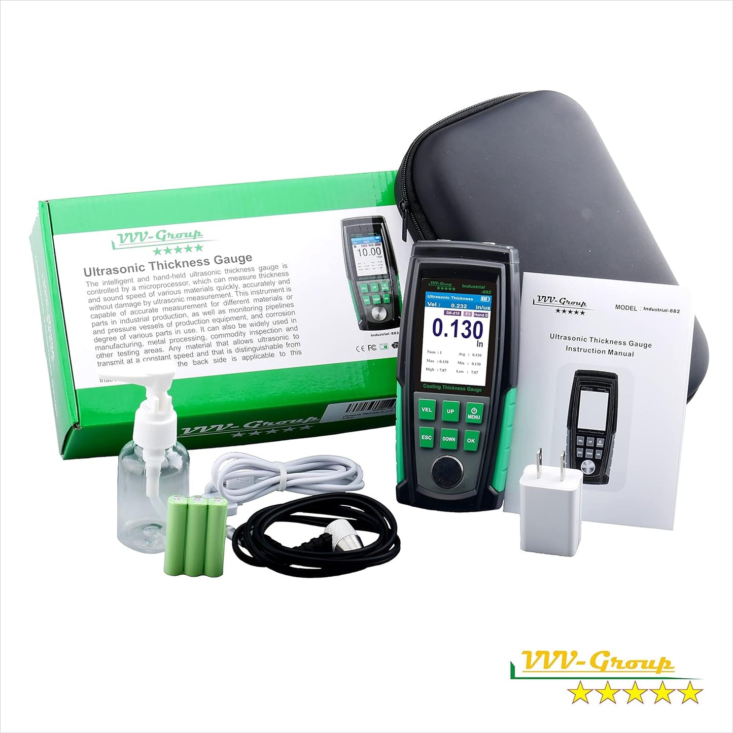 Medidor de espesor ultrasónico Industrial-882 / acero, metales, plástico, vidrio, PVC, medidor de espesor de tuberías, rango de 0.039 a 8.8 pulgadas, LCD de color HD de 2.4 pulgadas, calibración automática (todo el material)