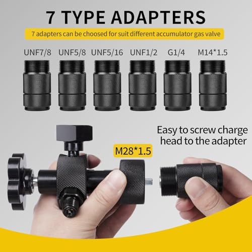 Kit de carga de acumulador de nitrógeno hidráulico, kit de llenado de nitrógeno, sistema de prueba de presión, herramientas de carga de gas con 7 adaptadores, 3 calibradores, 1 manguera de gas