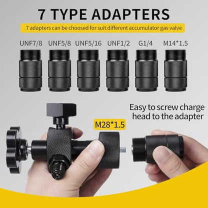 Kit de carga de acumulador de nitrógeno hidráulico, kit de llenado de nitrógeno, sistema de prueba de presión, herramientas de carga de gas con 7 adaptadores, 3 calibradores, 1 manguera de gas