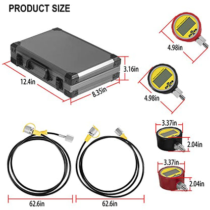 HIHITOMORROW H-464613 Kit de comprobación de presión hidráulica 70M, con medidores de presión digital 10000PSI/70MPa, 11 acoplamientos, 2 mangueras de prueba, kit de acoplamiento de probador hidráulico para sistemas