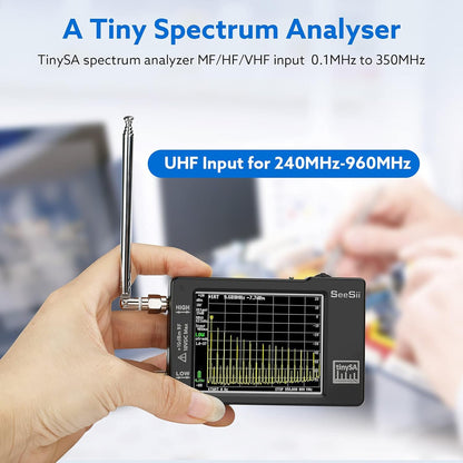 Analizador portátil de espectro TinySA, SEESII actualizado V0.3.1, analizador de frecuencia minúscula de 100 kHz a 960 MHz MF/HF/VHF UHF, generador de señal con visualización táctil de 2.8 pulgadas