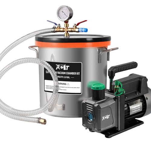 PB Motor Tech - Kit de cámara de vacío de 5 galones con bomba de vacío de 4.5 CFM, cámara de vacío con tapa de vidrio templado y juego de cámara de 38 micrones, sin aceite incluido, perfecto para
