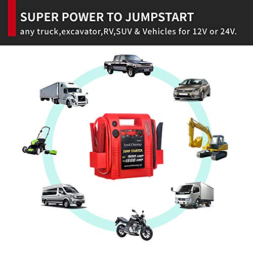 Arrancador de batería 12V/24V de 1800/900 amperios, paquete de refuerzo de batería de camión y cables de puente comerciales, incluye alimentación DC/USB para cargar teléfonos y tabletas, abrazaderas de batería de caja de salto