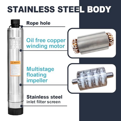 WASSERMANN Bomba séptica de 4 pulgadas con efluente sumergible/bomba de succión inferior de cisterna con cable de 33 pies, 1/2HP, 115V/60HZ, 26GPM, cabeza de 138 pies, bomba de pozo profundo de acero