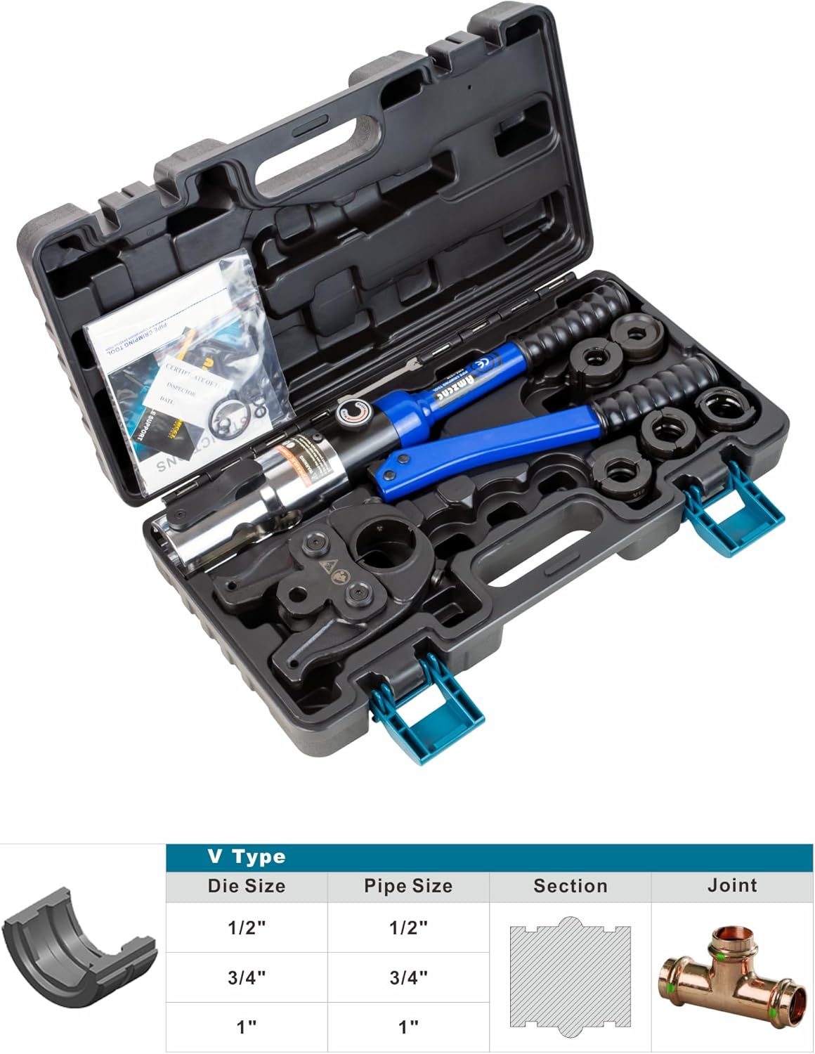 AMZCNC ProPress - Kit de herramientas para prensar tubos de cobre, herramienta hidráulica para prensar tubos con mandíbula de 1/2 pulgadas, 3/4 pulgadas y 1 pulgada, pinzas de prensar tubos de cobre,