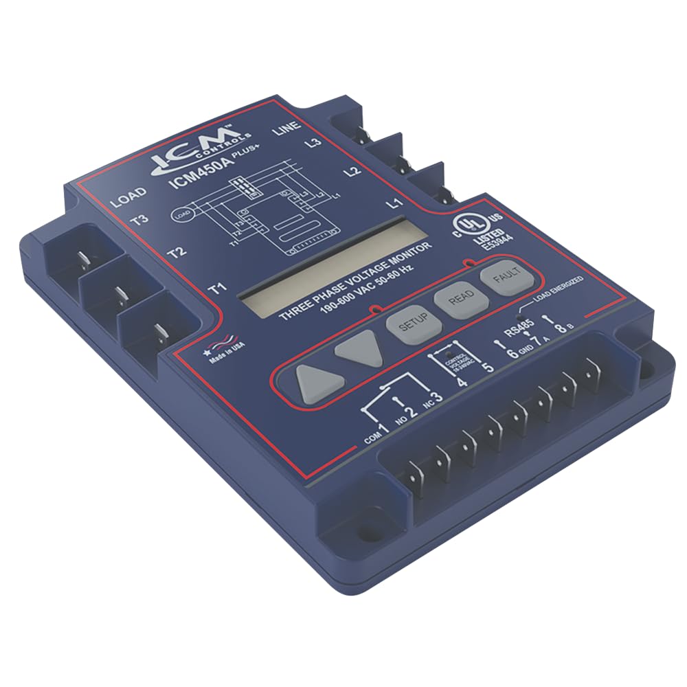 ICM Controls ICM450APLUS+ Monitor de voltaje de línea trifásico programable con LCD retroiluminado, memoria de fallas y Modbus RS-485