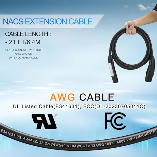 NACS - Cable de extensión de cargador compatible con NACS EVs, 21 pies, 240 V, 48 A, cable de carga NACS para carga doméstica y cargador móvil