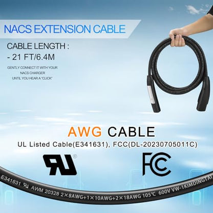 NACS - Cable de extensión de cargador compatible con NACS EVs, 21 pies, 240 V, 48 A, cable de carga NACS para carga doméstica y cargador móvil