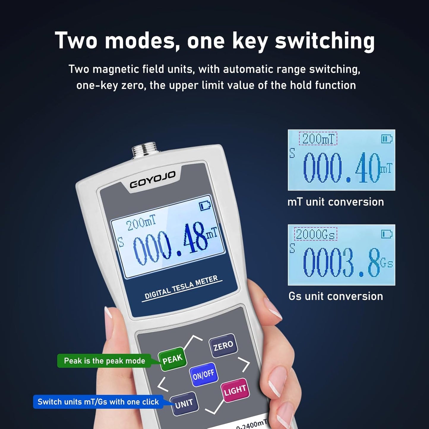 Medidor de Gauss digital portátil 0-2400mT con sonda de metal Probador de campo magnético de superficie de alta precisión Grabación de datos automática/manual Tiene precisión de función N/S ± 5%