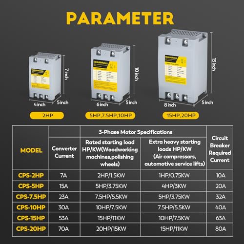 CGOLDENWALL Convertidor monofásico a trifásico 20HP/15KW 70A 220V-240V Entrada/Salida Desplazador de fase digital, carga nominal 20HP/15KW, cargas pesadas 15HP/11KW, un convertidor para un motor