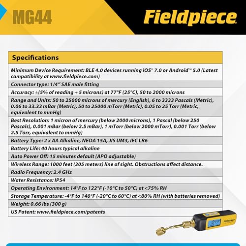 Fieldpiece - Medidor de vacío inalámbrico HVACR - MG44 - Evacuaciones rápidas y precisas y lecturas de vacío - Herramienta HVAC de largo alcance compatible con Job Link