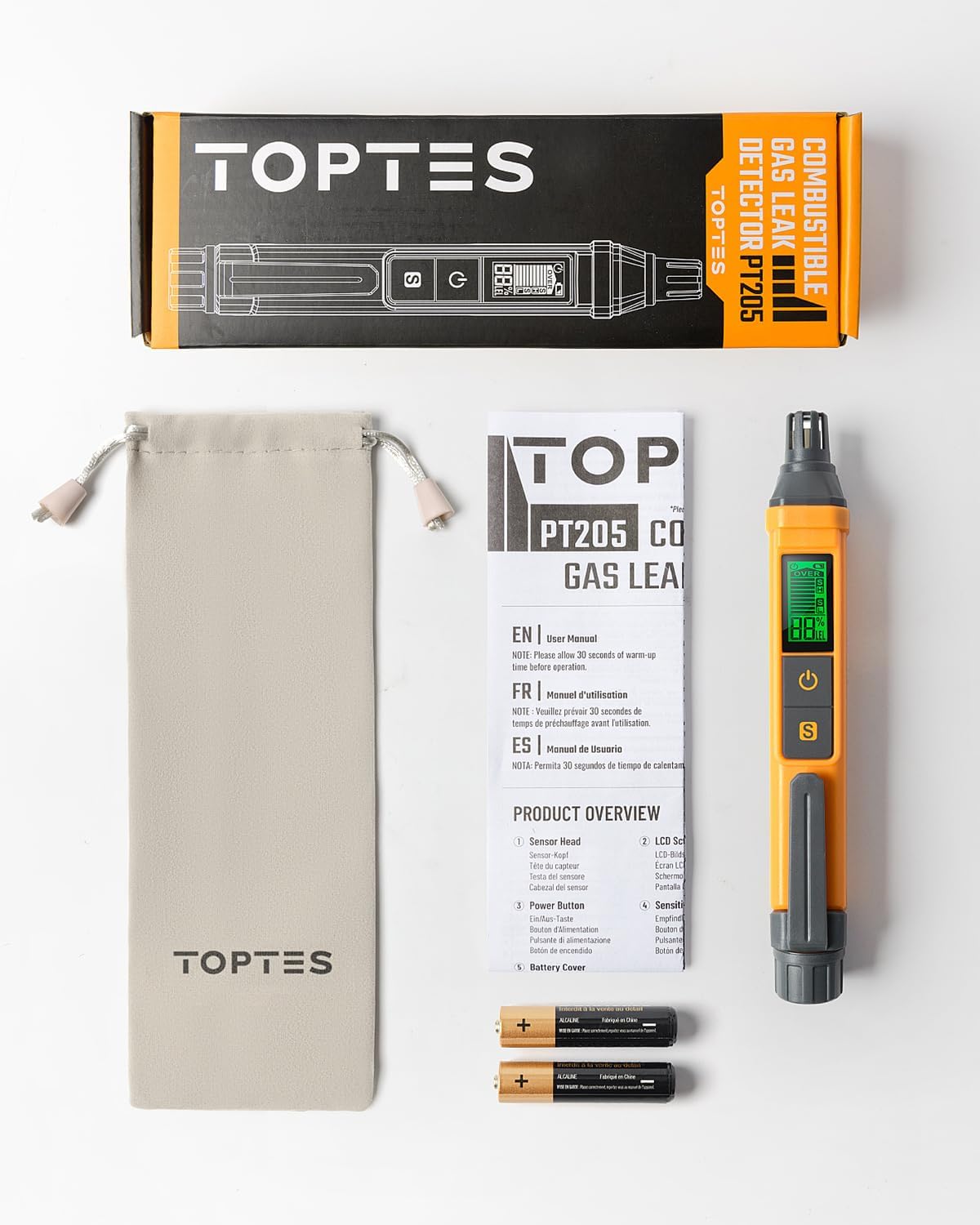 PT199 Detector de fugas de gas natural con alarma audible y visual, sniffer de gas portátil para localizar fuentes combustibles como metano, propano para el hogar (incluye batería x2), naranja