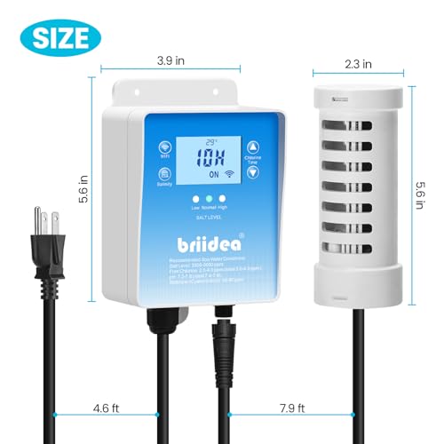 Generador de Cloro de Sal WiFi, Generador de Cloro Briidea con Célula de Sal de Titanio de EE. UU., Monitoreo por APP y Alertas de Sal en Tiempo Real, para Spas de Natación de Hasta 2,000 Galones