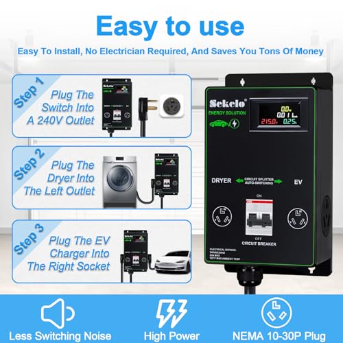 Integración de carga inteligente EV: interruptor de alimentación automático Sekelo para secadora y EV, NEMA 10-30, carga rápida, pantalla en tiempo real