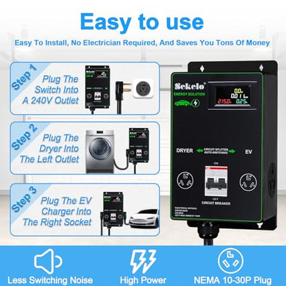 Integración de carga inteligente EV: interruptor de alimentación automático Sekelo para secadora y EV, NEMA 10-30, carga rápida, pantalla en tiempo real