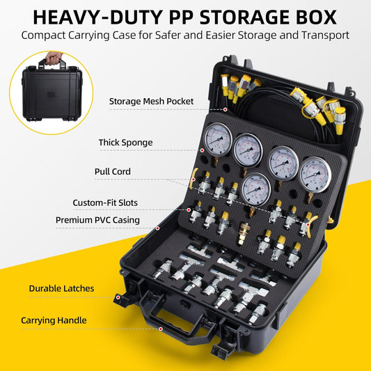Kit de prueba de presión hidráulica con 5 indicadores (máximo 10000 PSI), 13 acoplamientos de prueba, 14 conectores en T, 5 mangueras de prueba, juego de probador de calibre hidráulico para