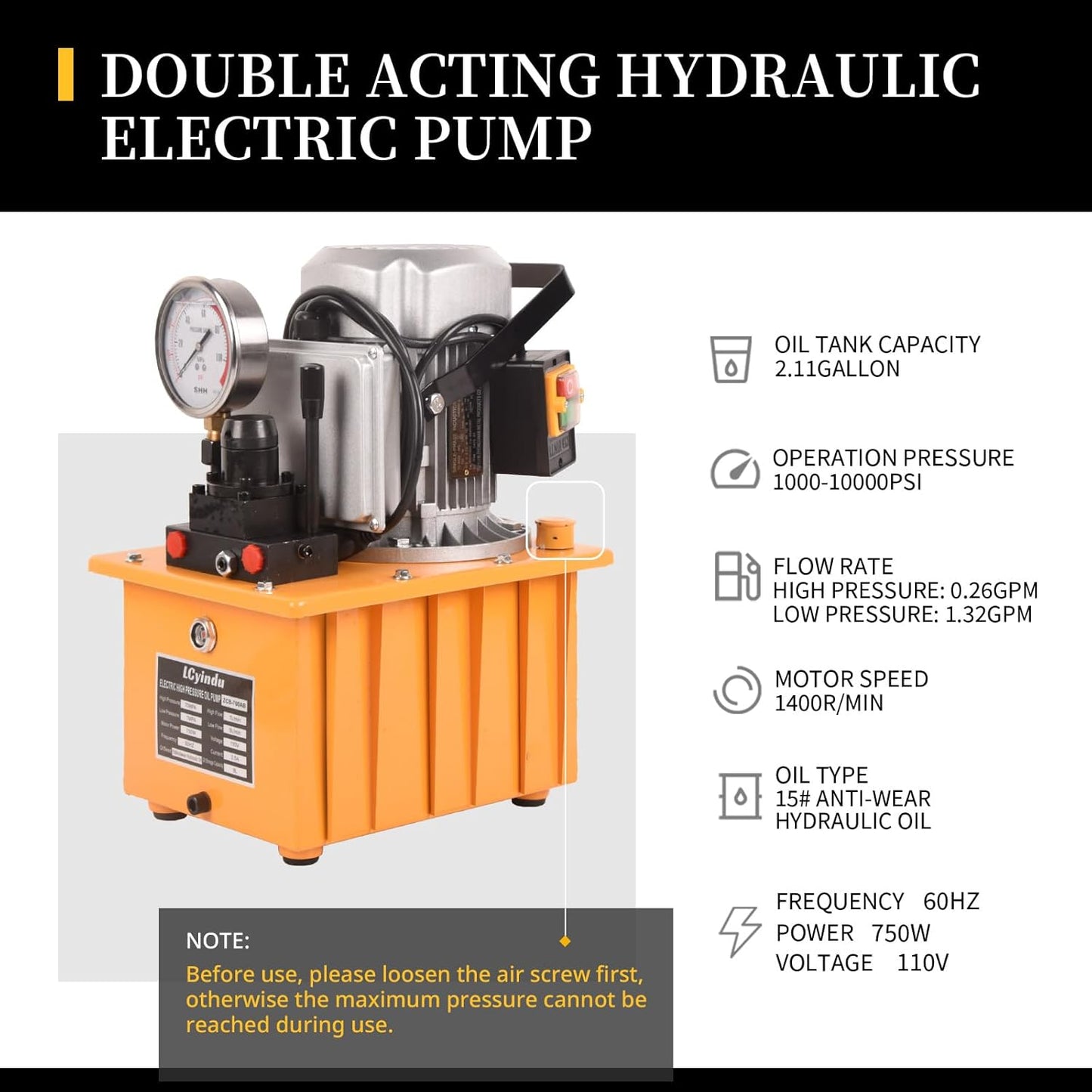 LCyindu - Bomba hidráulica eléctrica de 750 W, 2 velocidades, 110 V, 10000 PSI, 8.4 cuartos de galón, válvula solenoide hidráulica, bomba eléctrica hidráulica para perforación, doblado, tomas de