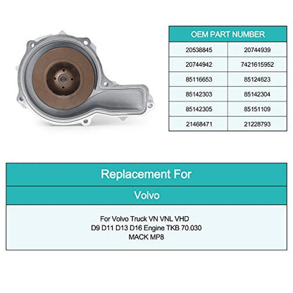 Bomba de agua 85124623 85109694 22197705 20538845 para Volvo VN VNL VHD D9 D11 D13 D16 B9L FH ENG VE16 FH ENG VE13 y MACK MP8 A25F/G 70G A3 Motor TKB 70.030 de 0F/G A30G A45G A60H EC750D EC950E
