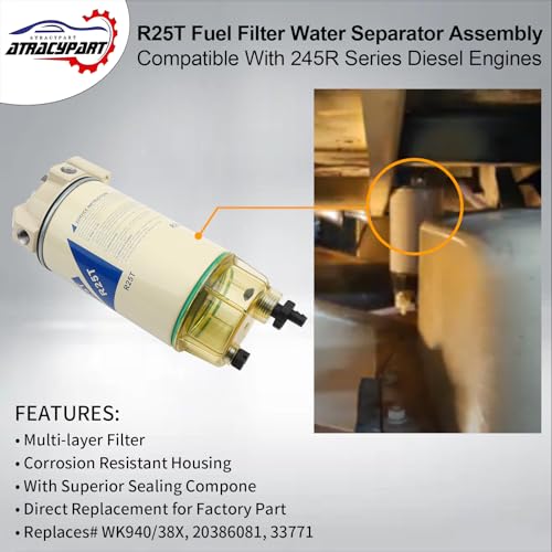 Filtro de combustible R25T Separador de agua │Compatible con motores diesel de la serie 245R de 10 micrones con accesorios │Reemplaza # WK940/38X, 20386081, 33771