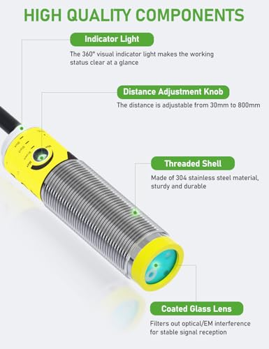 DIHOOL Sensor de proximidad fotoeléctrico, interruptor de movimiento láser, IP65 impermeable, normalmente abierto NPN NO, M16, 3 cables, entrada de 12V/24V (10-30VDC), distancia de detección ajustable
