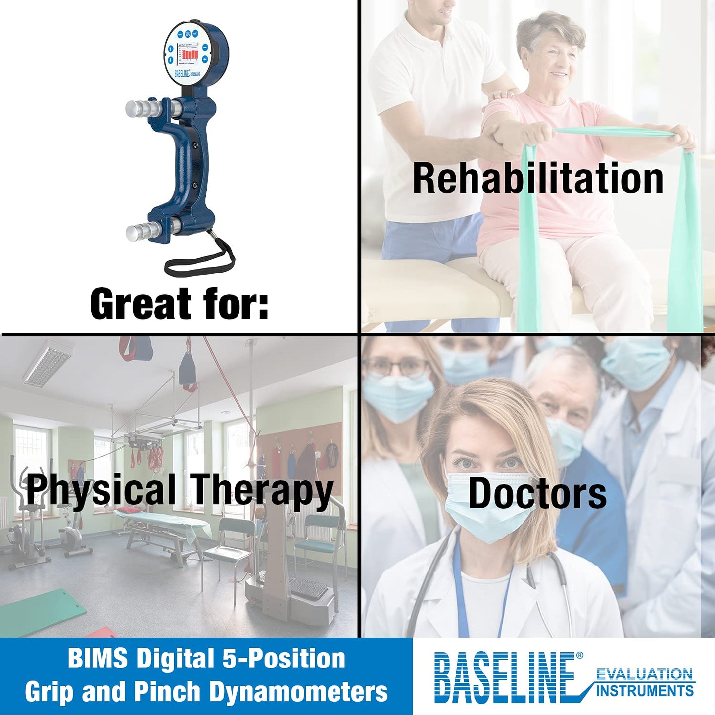 Baseline BIMS Dinamómetro de mano digital de 5 posiciones para pruebas de fuerza de agarre y evaluación de terapia de manos profesional, fisioterapia, entrenamiento atlético, rehabilitación