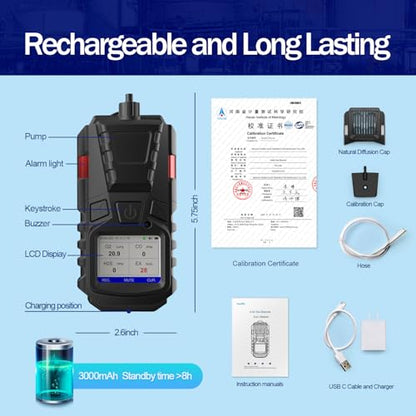 Detector de gas con bomba, 4 monitores de gas, detector de gas múltiple CO EX O2 H2S, monitor recargable de 4 gases de 3000 mAh con kit de calibración, pantalla LCD portátil con clip detector de gas FS11301