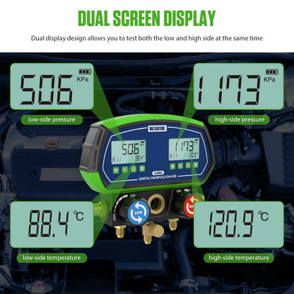 MR CARTOOL L302 - Juego de medidores digitales de 2 válvulas, sistemas refrigerantes HVAC, herramienta de comprobador de presión de fugas con 3 mangueras para aire acondicionado, refrigeración y